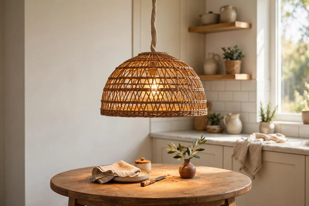 Single woven rattan pendant light hanging low over a round breakfast table