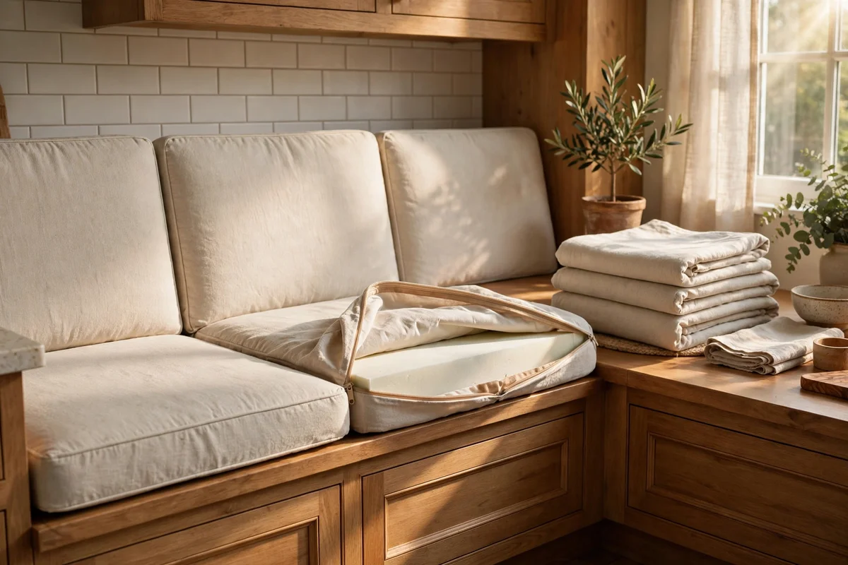 Banquette bench with washable cotton slipcovers in a warm kitchen nook
