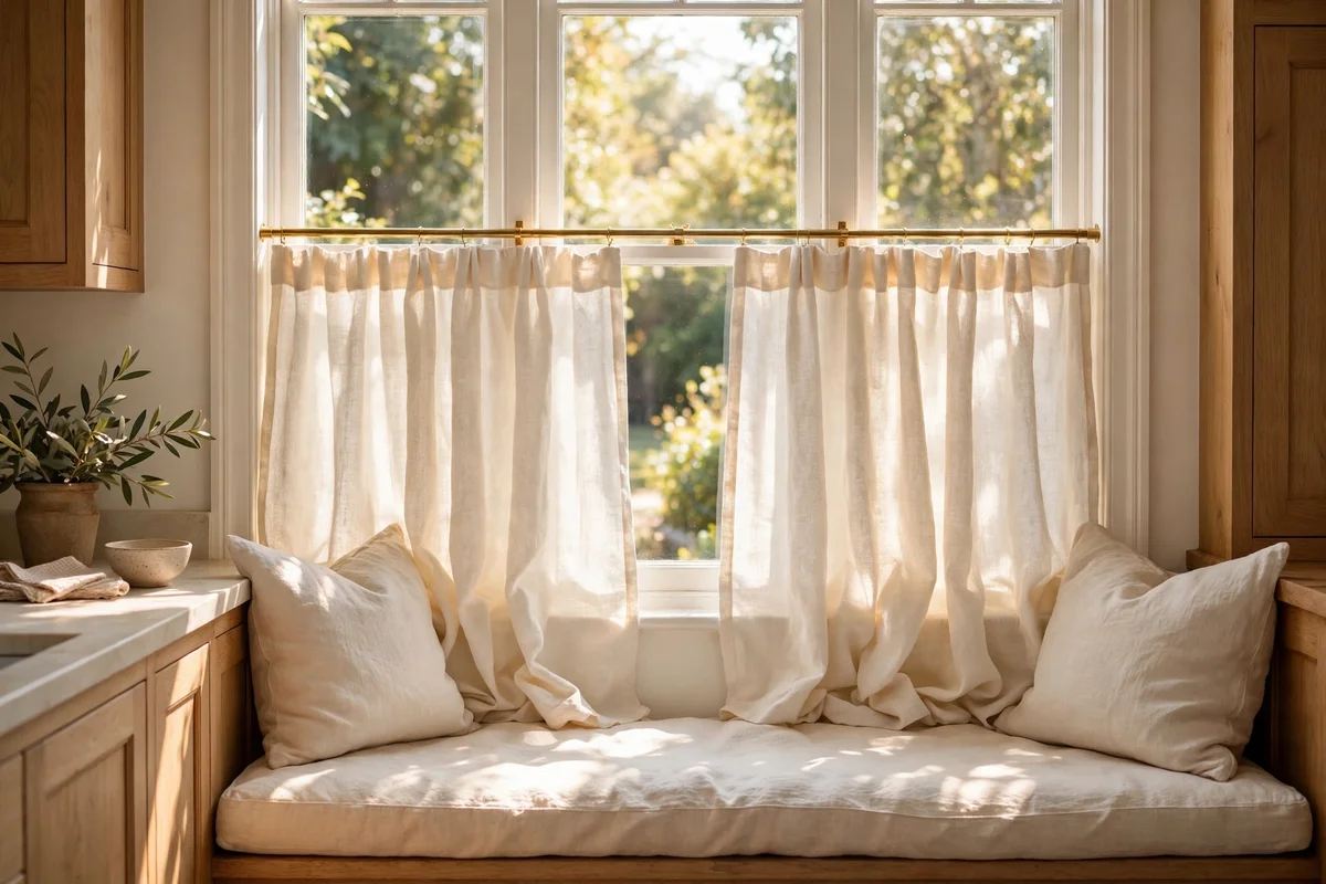 Washed linen cafe curtains on a kitchen window above a banquette