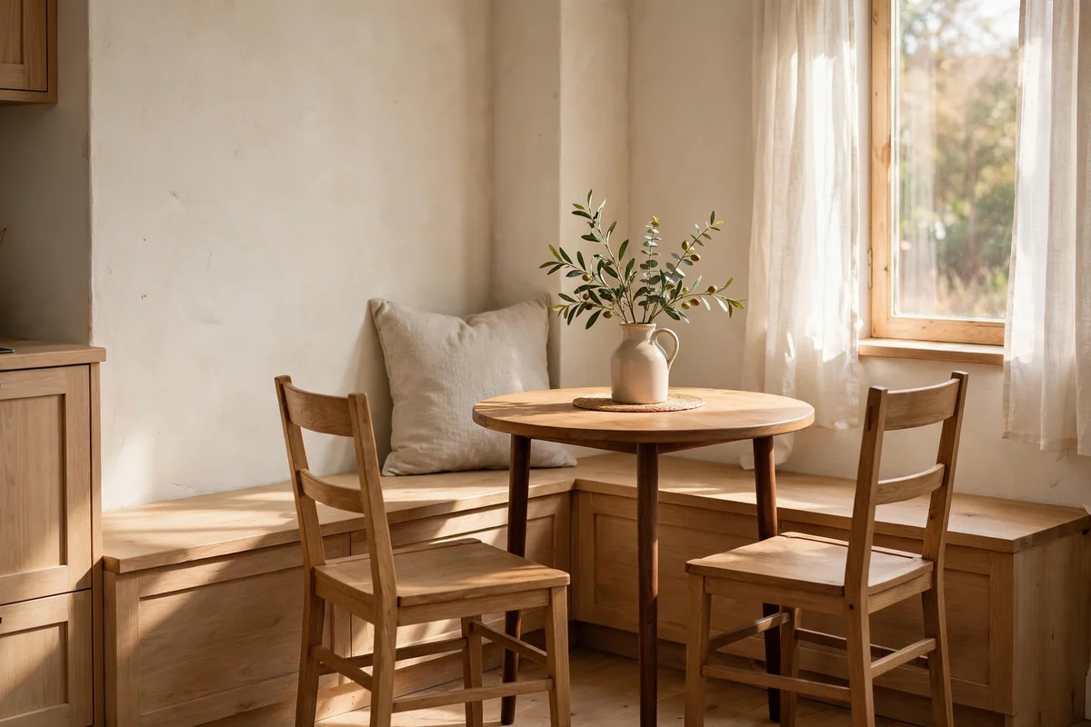 Tiny two-person breakfast nook squeezed into a sunny kitchen corner
