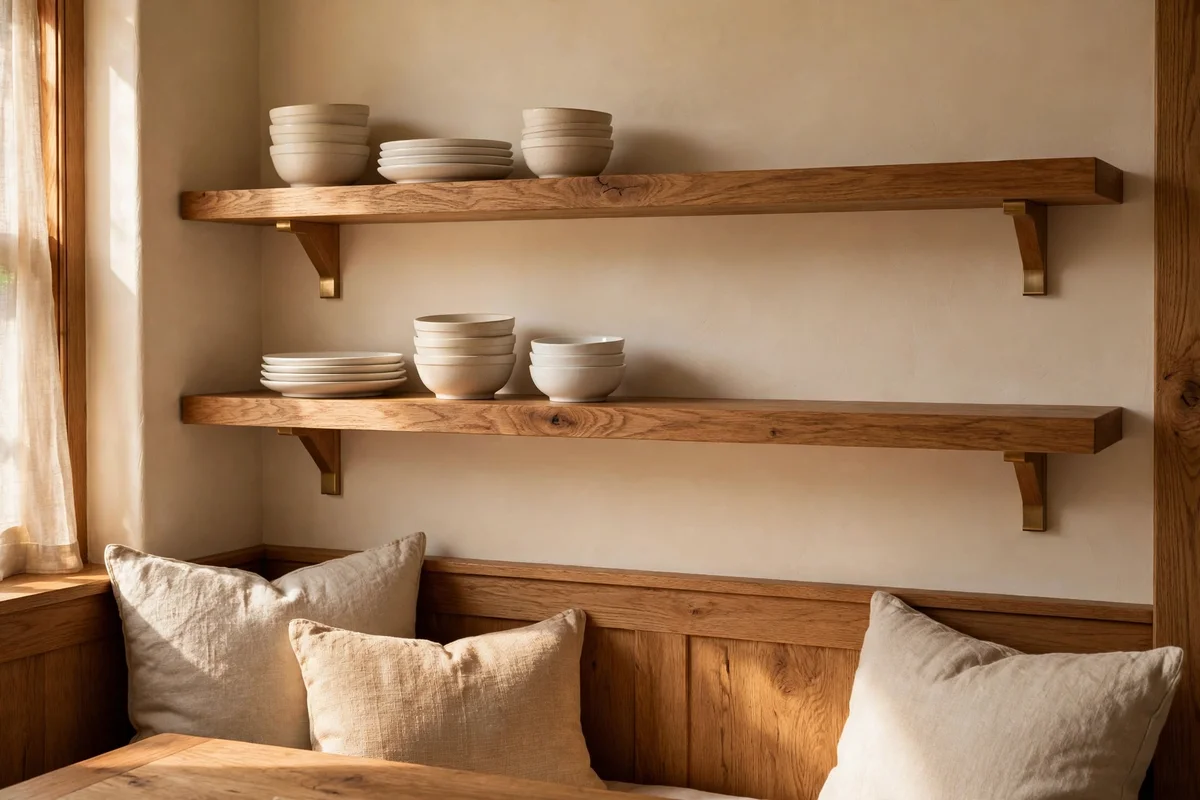 Two open oak shelves with stacked stoneware dishes above a banquette