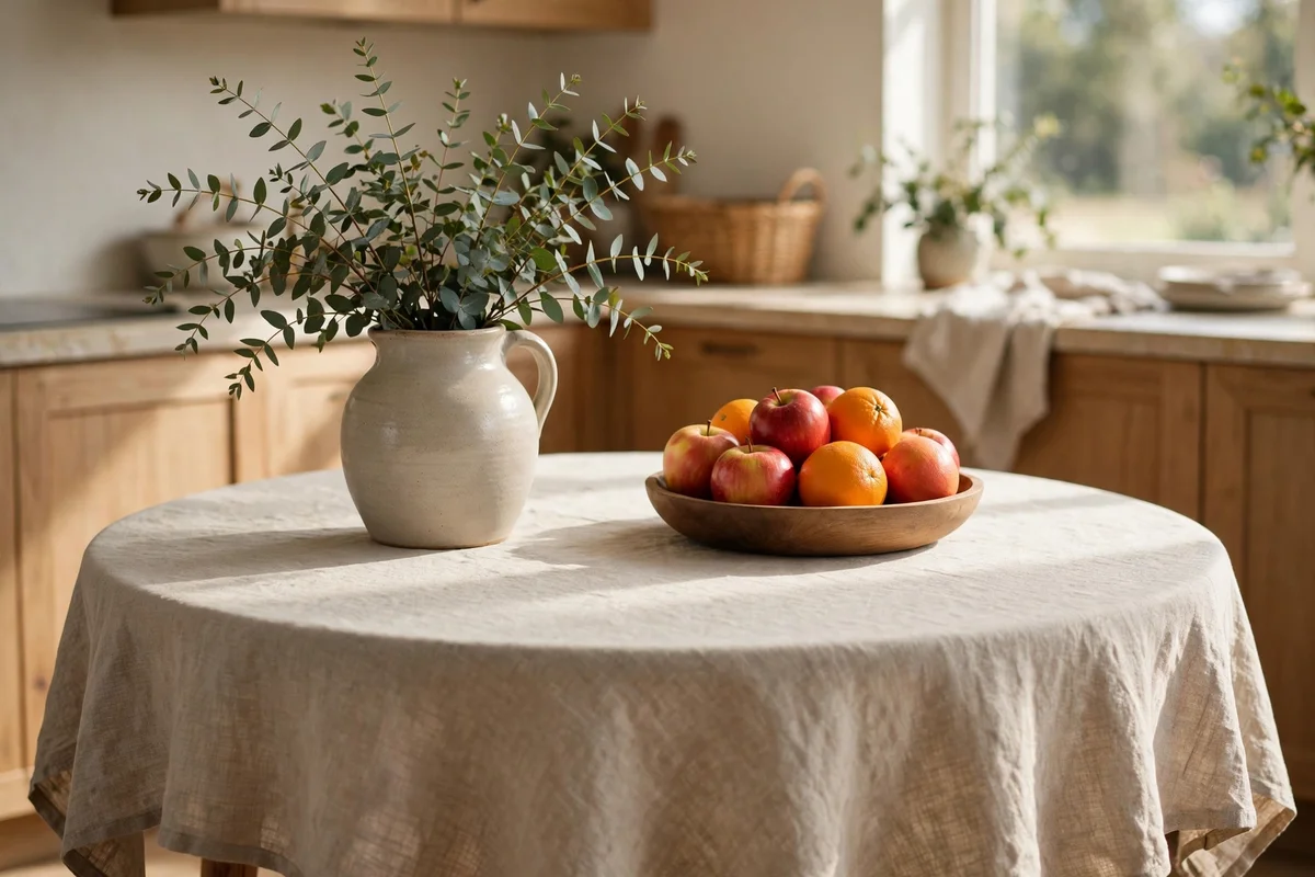 Breakfast table styled with linen cloth, jug of stems and wooden fruit bowl