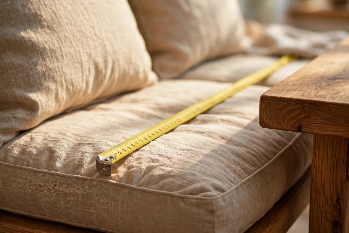 Measuring tape showing banquette seat height and depth in a kitchen nook
