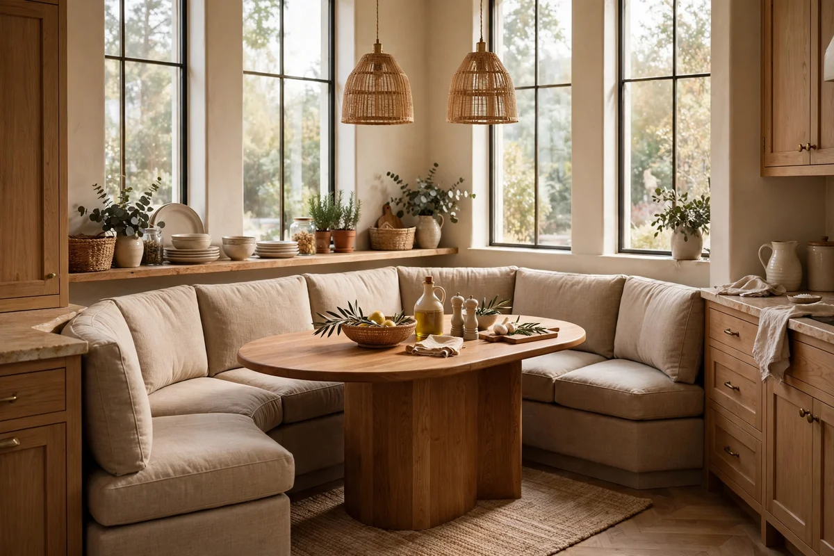 Curved U-shaped banquette wrapped around an oval wooden dining table