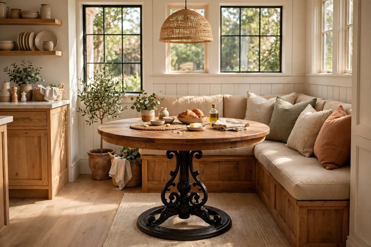 Round breakfast table with a single central pedestal base in a kitchen nook