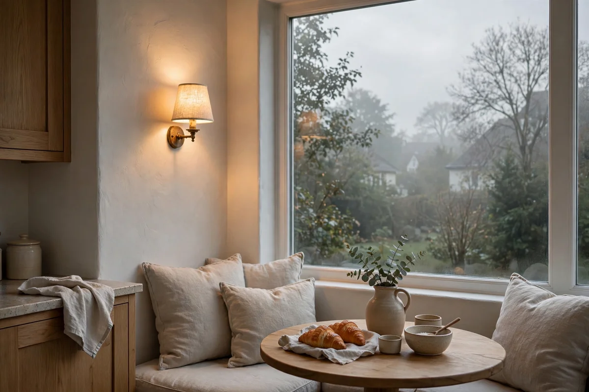 Small linen wall sconce glowing beside a kitchen nook window at dawn