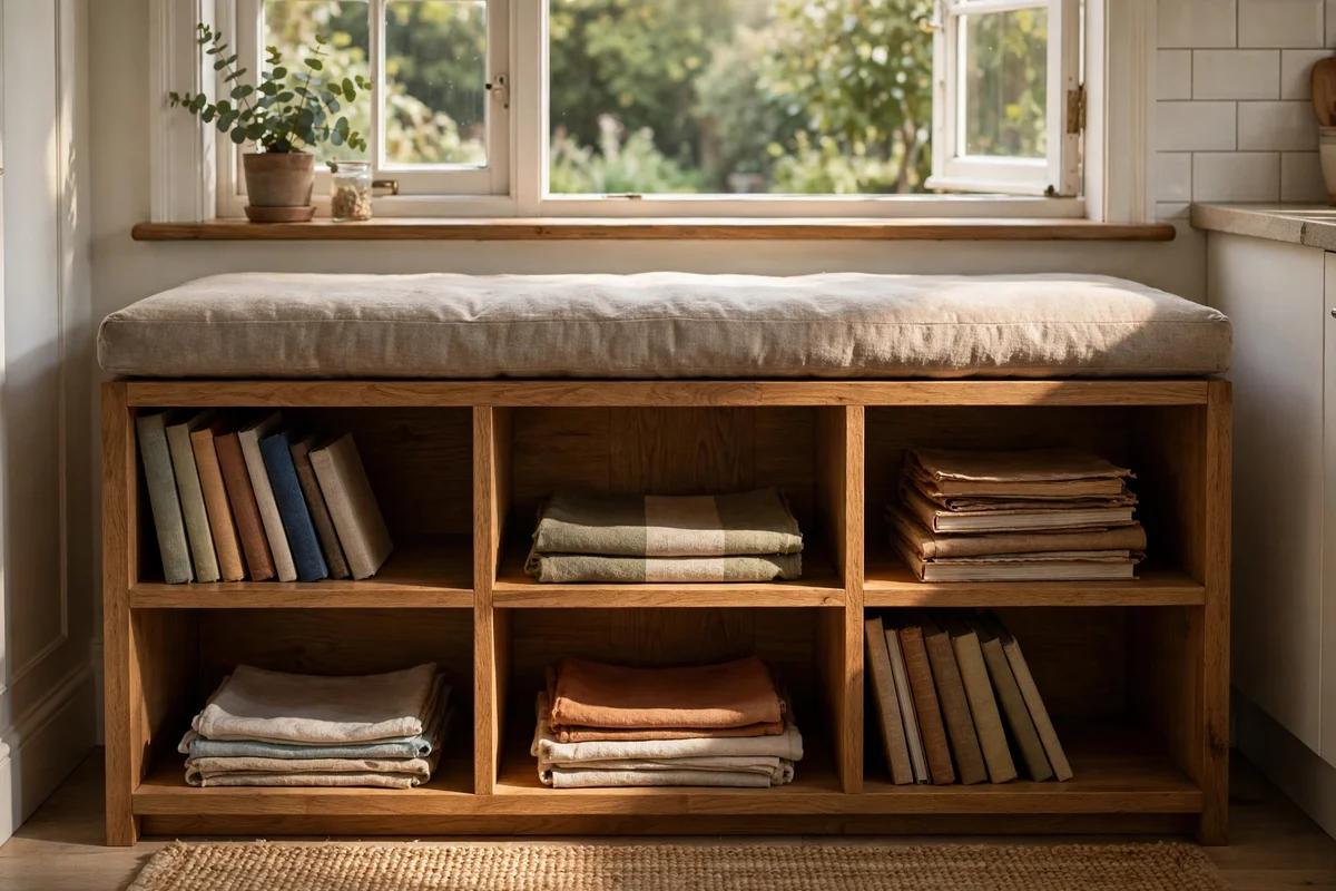 Low storage cube unit with a cushion top used as a window seat