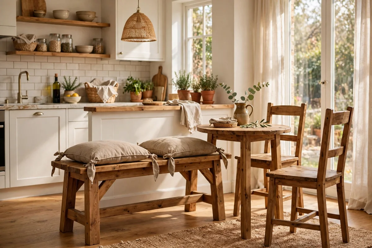 Freestanding wooden bench with two dining chairs at a breakfast table