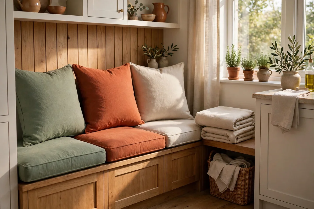 Machine-washable cushions in sage and terracotta on a kitchen banquette