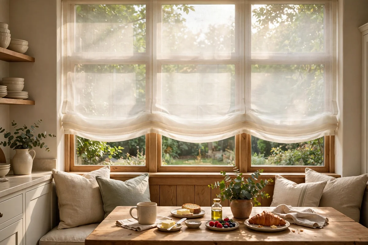 Sheer roman blind filtering soft morning light over a breakfast nook