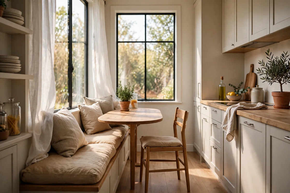 Narrow oval table with bench tucked into the end of a galley kitchen