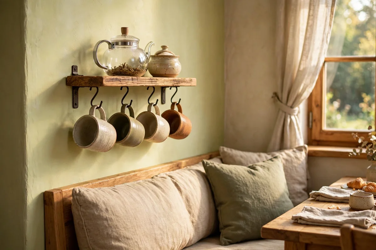 Small wooden shelf with mugs and a glass teapot beside a banquette