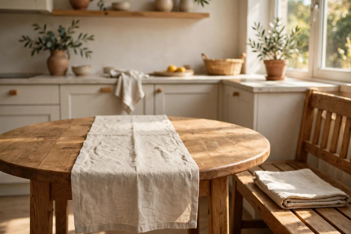 Folded linen table runner down the centre of a bare round breakfast table