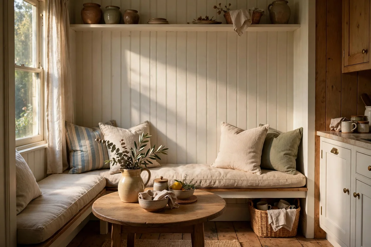 Beadboard panelled wall behind a white banquette in a cottage kitchen