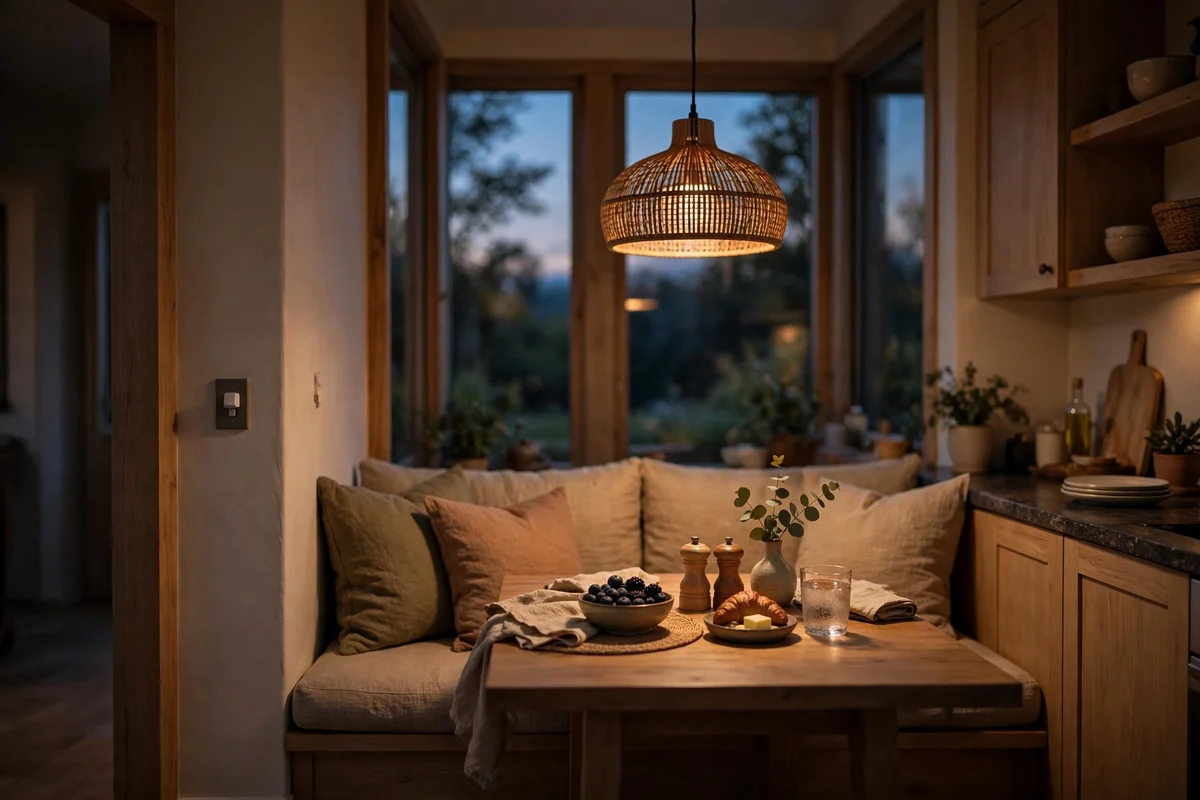 Pendant light on a dimmer switch glowing softly over a breakfast nook