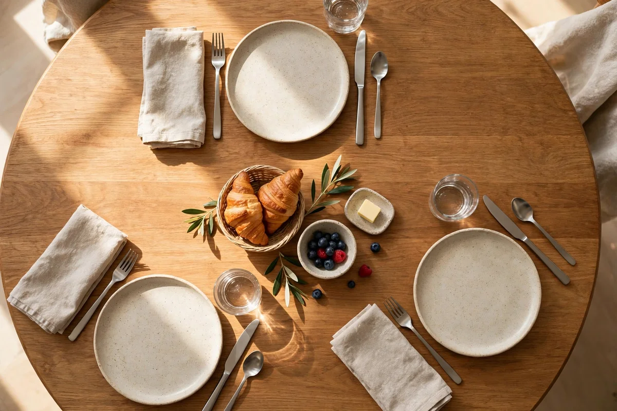Overhead view of a breakfast table with place settings spaced for elbow room