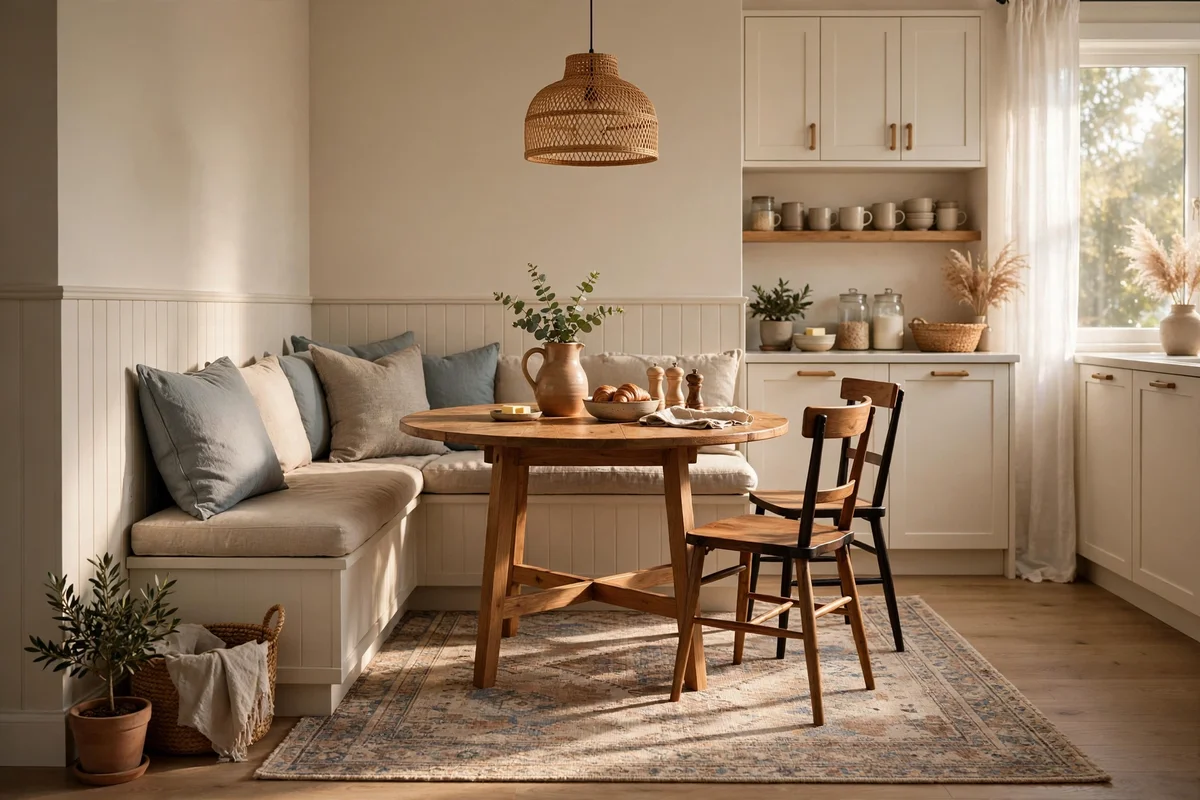 Low-pile patterned rug anchoring a breakfast nook table and bench