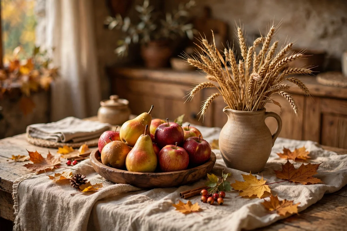 Seasonal fruit bowl and fresh stems refreshing a styled breakfast table
