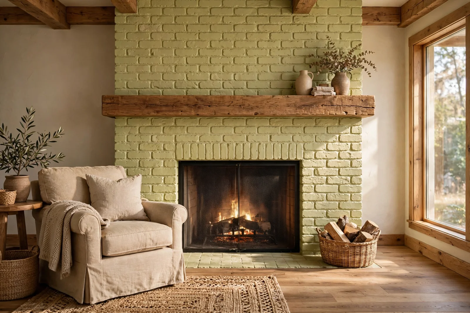 Limewashed brick fireplace with oak beam mantel in a warm living room