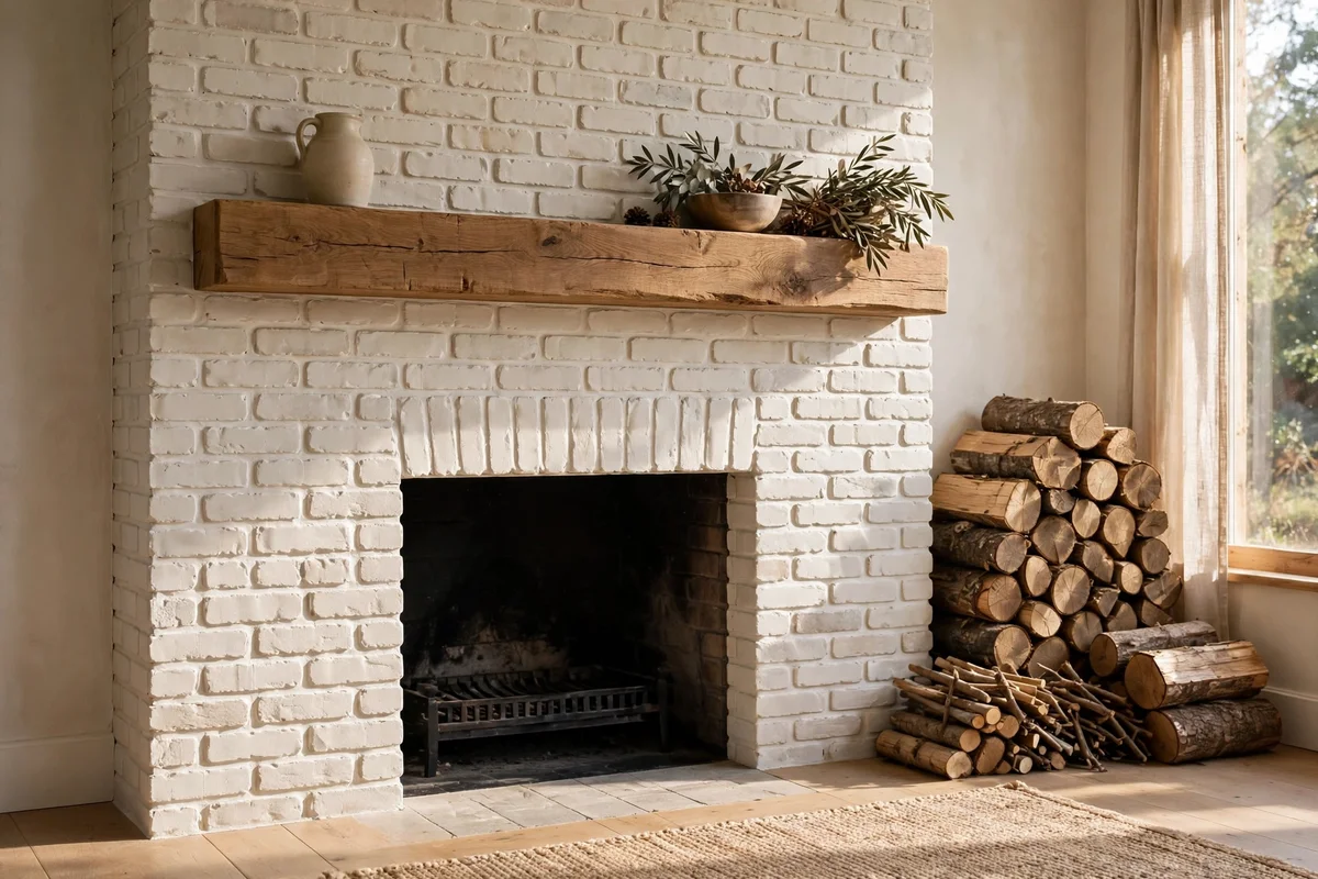 Close-up of a limewashed brick fireplace with chalky ivory finish and visible texture