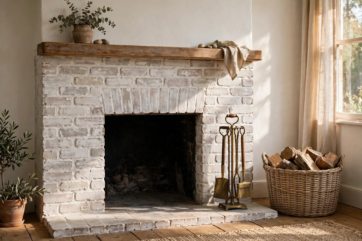 Close-up of whitewashed brick with faded milky finish and warm brick tones showing through