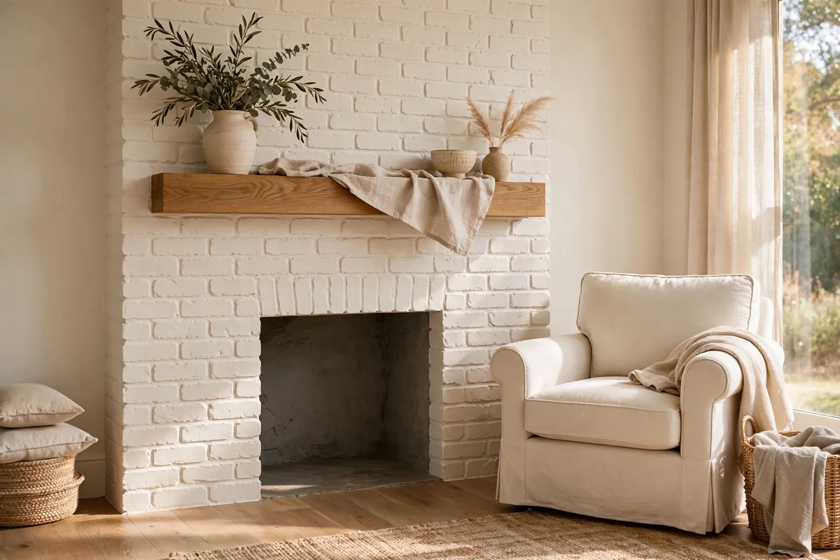 Full view of a brick fireplace painted warm white with ivory tones and a timber mantel