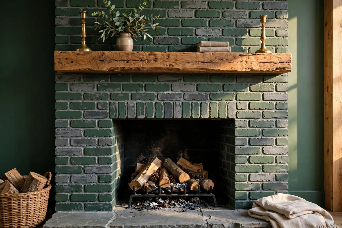 Deep forest green painted brick fireplace with matte finish and natural oak mantel