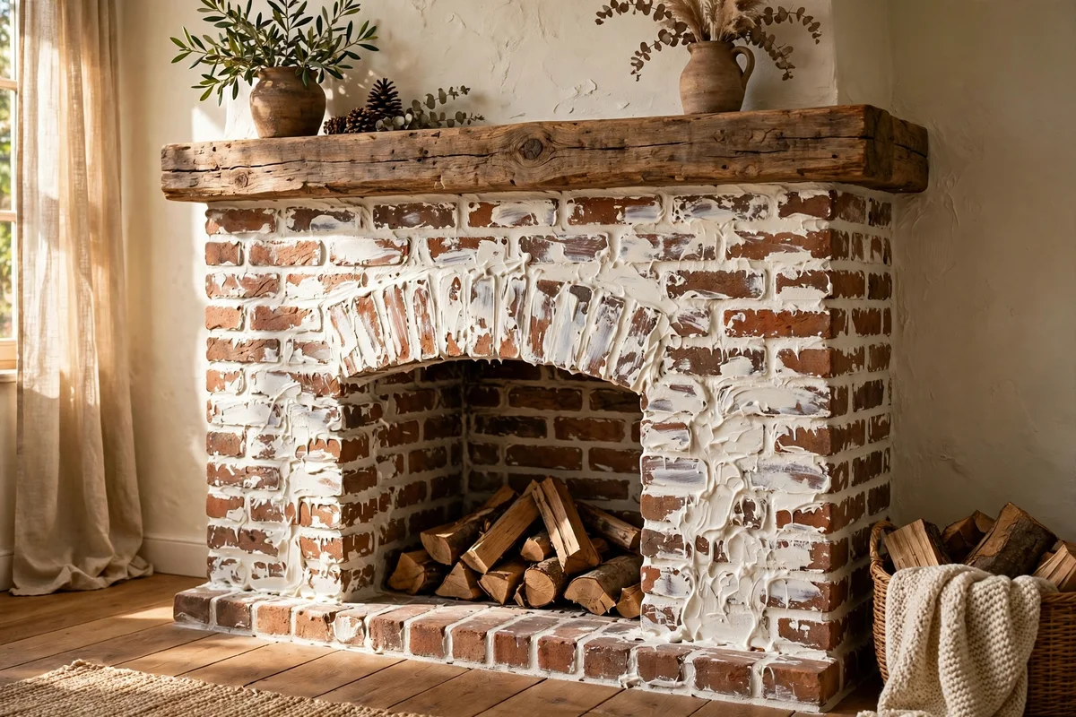 Close-up of German schmear brick fireplace with white mortar wash over red brick
