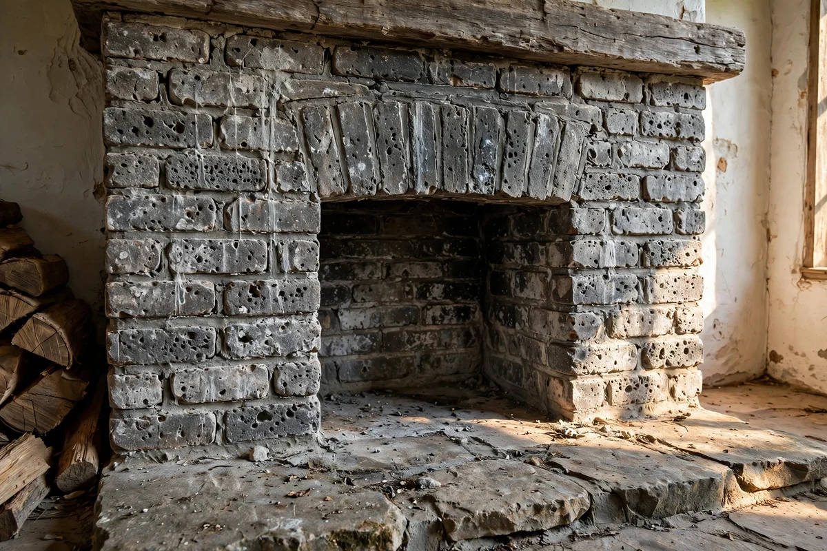 Close-up of brick fireplace treated with grey mineral stain showing full texture