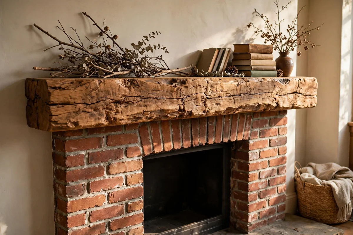 Solid oak beam mantel mounted above a brick fireplace with visible wood grain