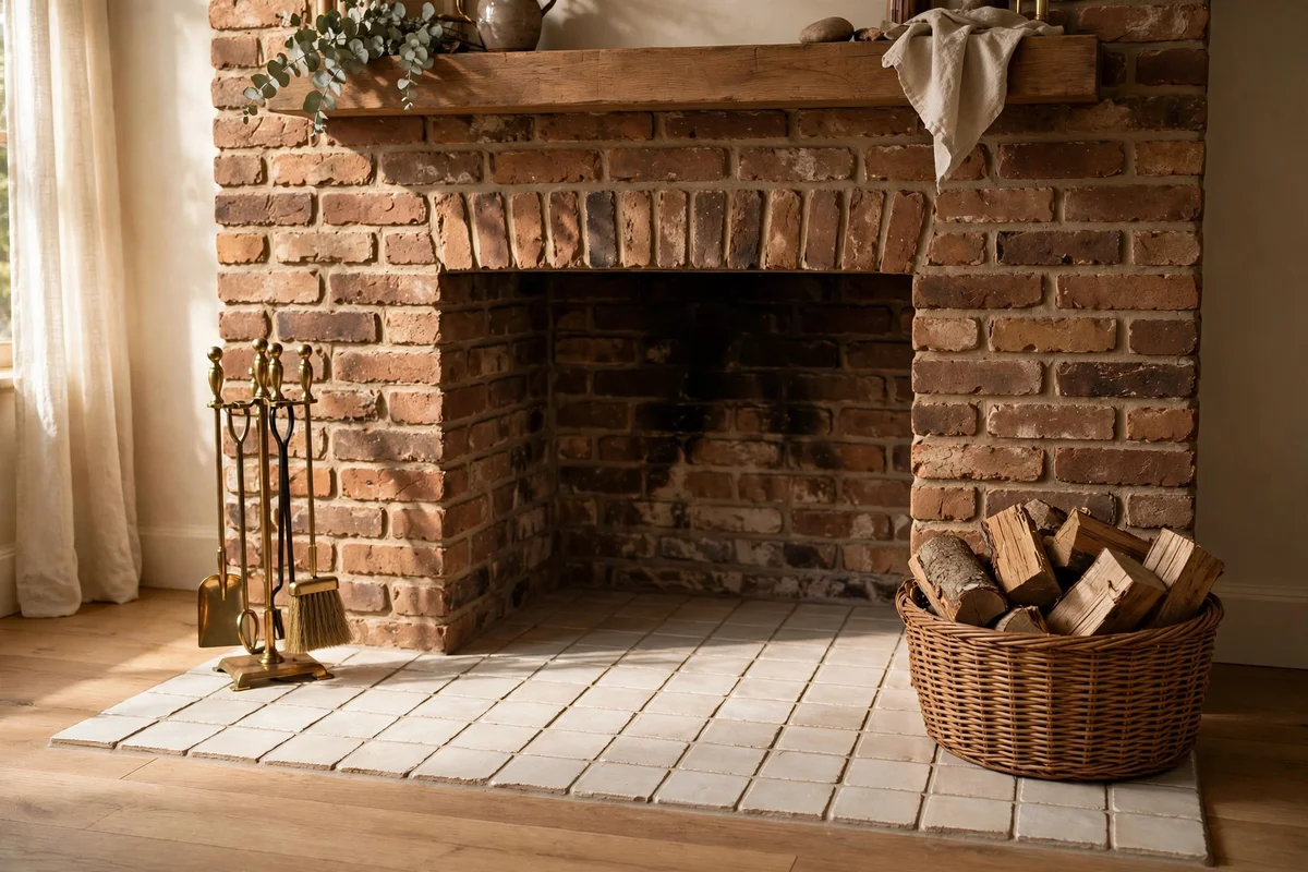 Hearth covered in handmade warm white tiles in front of a brick fireplace
