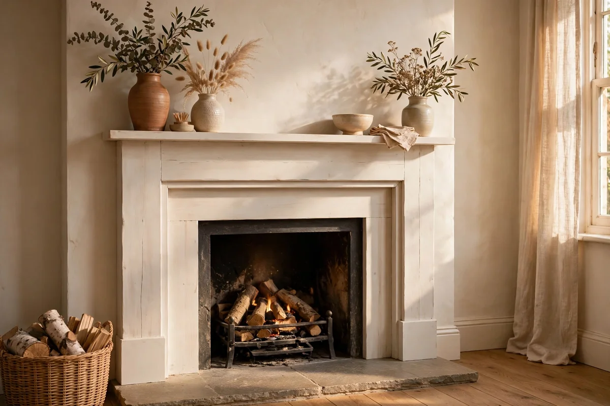 Timber surround painted warm white boxing in a brick fireplace with mantel shelf