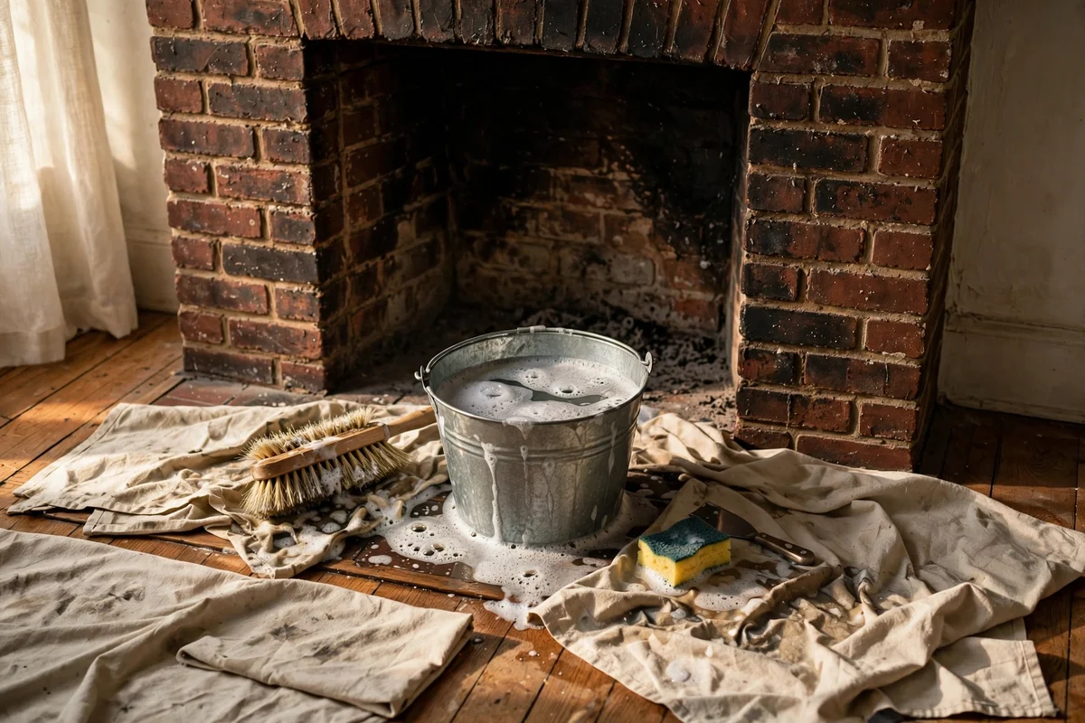Brick fireplace being cleaned with a stiff brush, soapy bucket and drop cloths