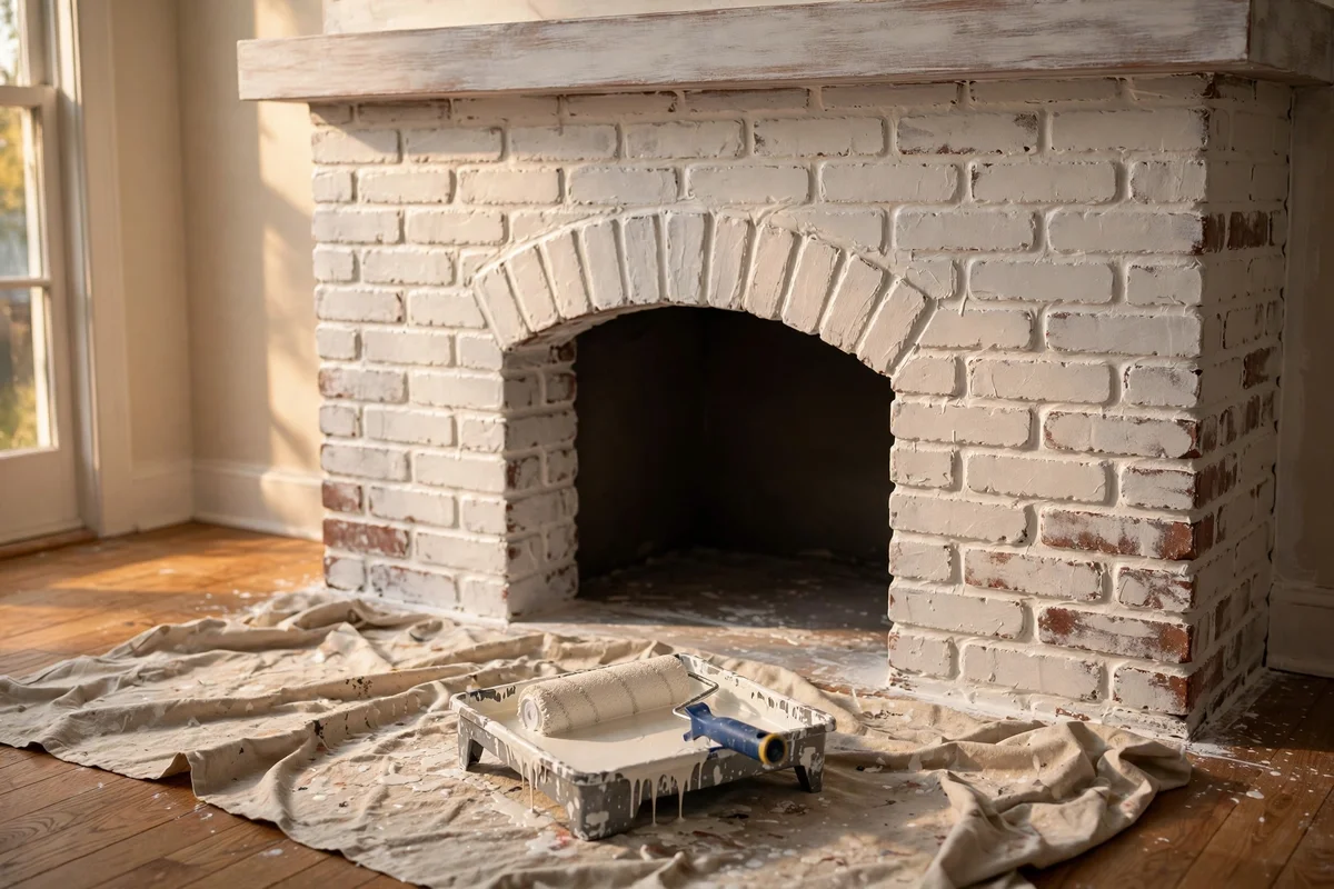 Primer being rolled onto a brick fireplace with white masonry primer coating the bricks