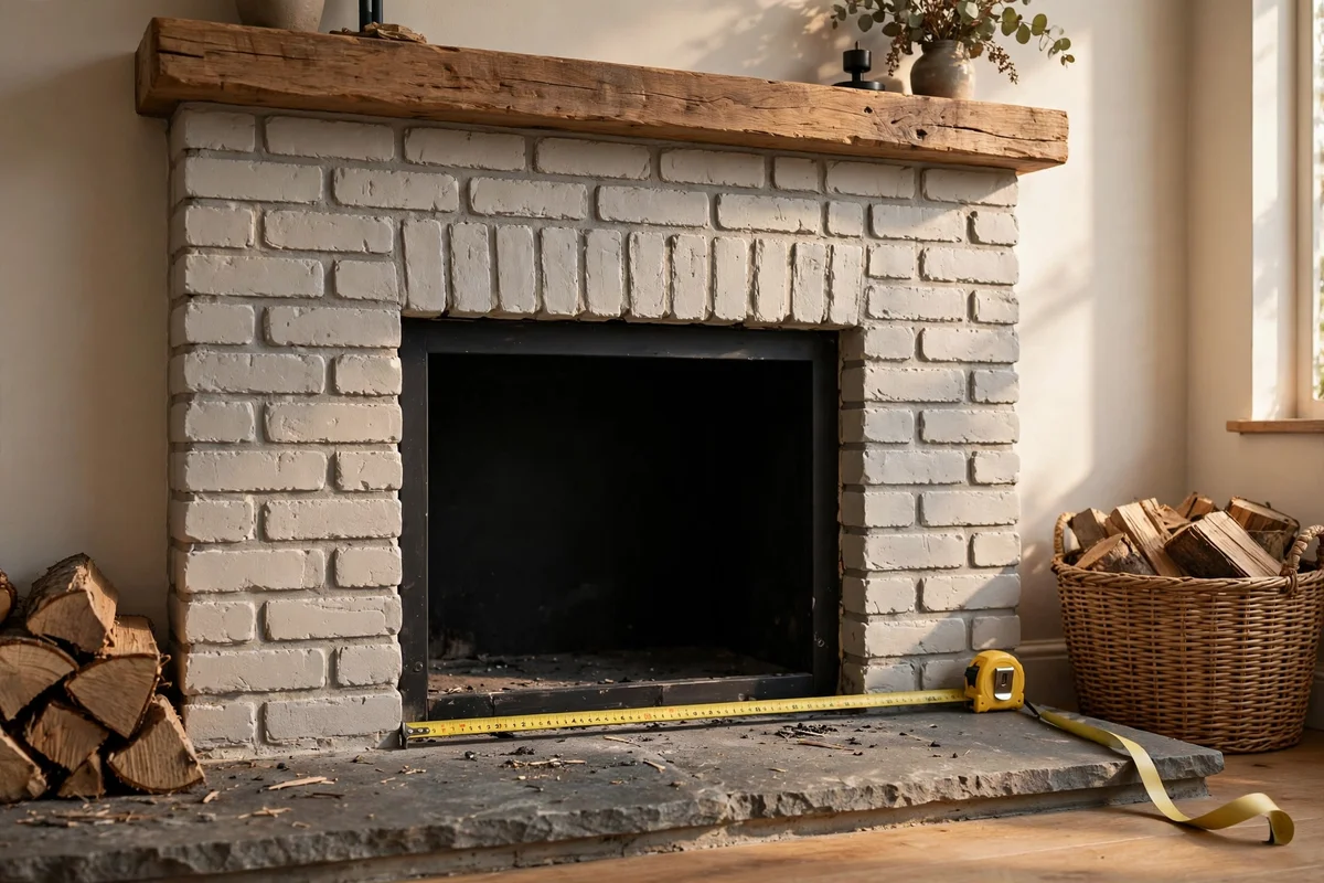 Close-up of firebox opening showing heat rated paint zone around black metal firebox