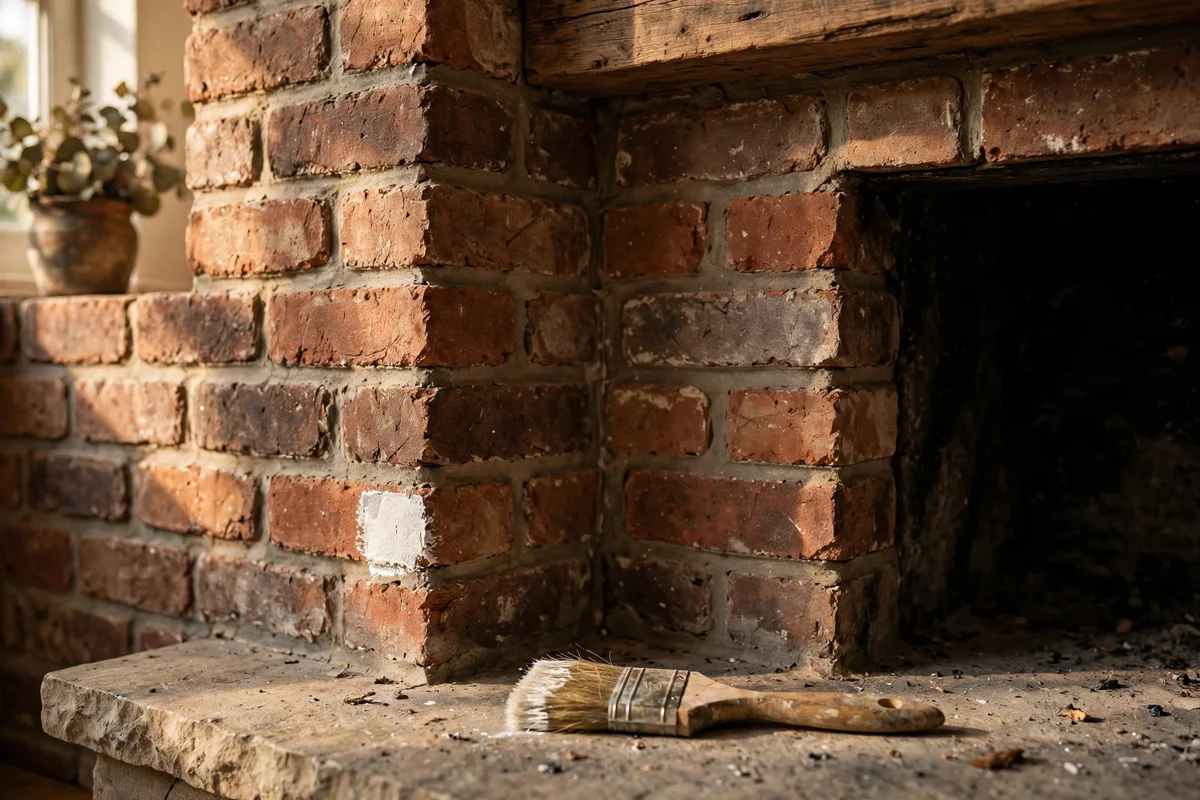 Small test patch of whitewash on the corner of a brick fireplace beside bare brick