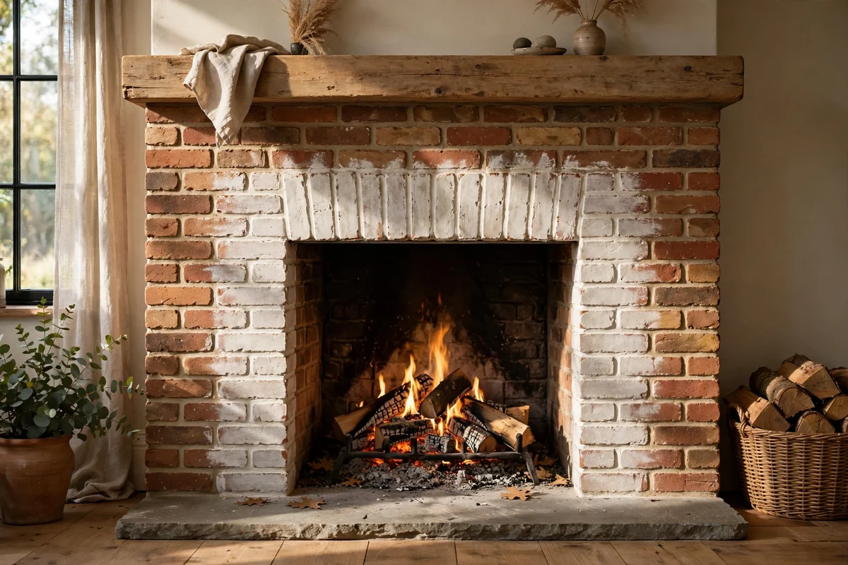Brick fireplace with only the inner firebox frame whitewashed in a soft feathered edge