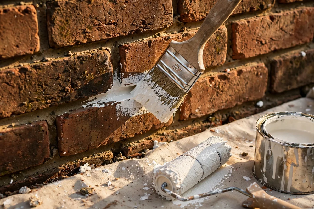 Close-up of a brush cutting paint into brick mortar joints before rolling the faces