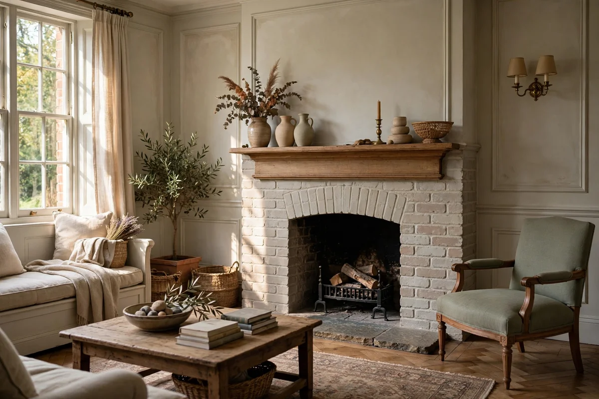 Brick fireplace painted in flat matte mineral paint with chalky heritage finish