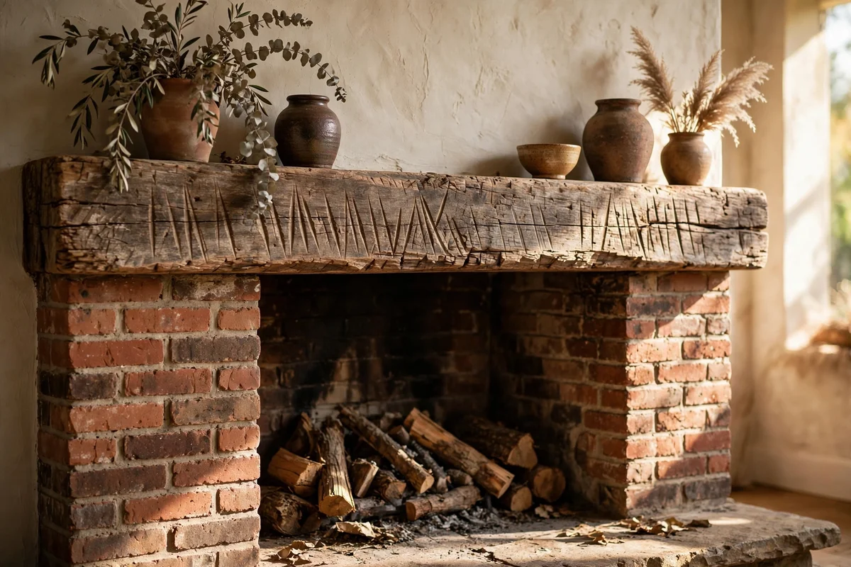 Reclaimed timber beam mantel with aged patina mounted above a brick fireplace