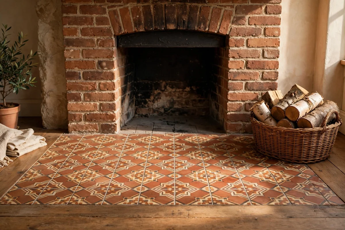 Hearth laid with terracotta encaustic look tiles in a simple geometric pattern