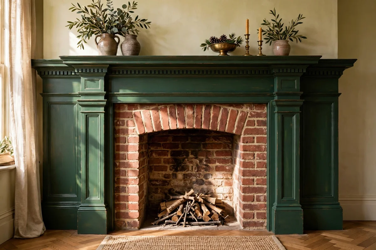 Painted timber pilasters and crossbar framing a brick fireplace in deep green