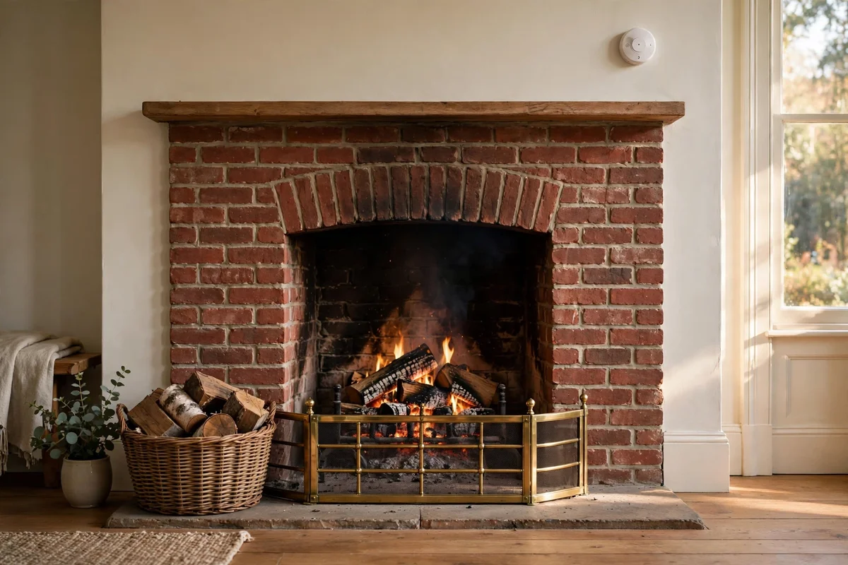 Brick fireplace with clear safety clearances, fireguard and carbon monoxide alarm on wall