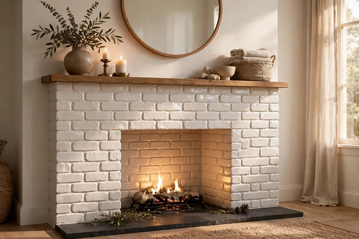 Close-up of sealed painted brick with soft satin sheen on a fireplace surround