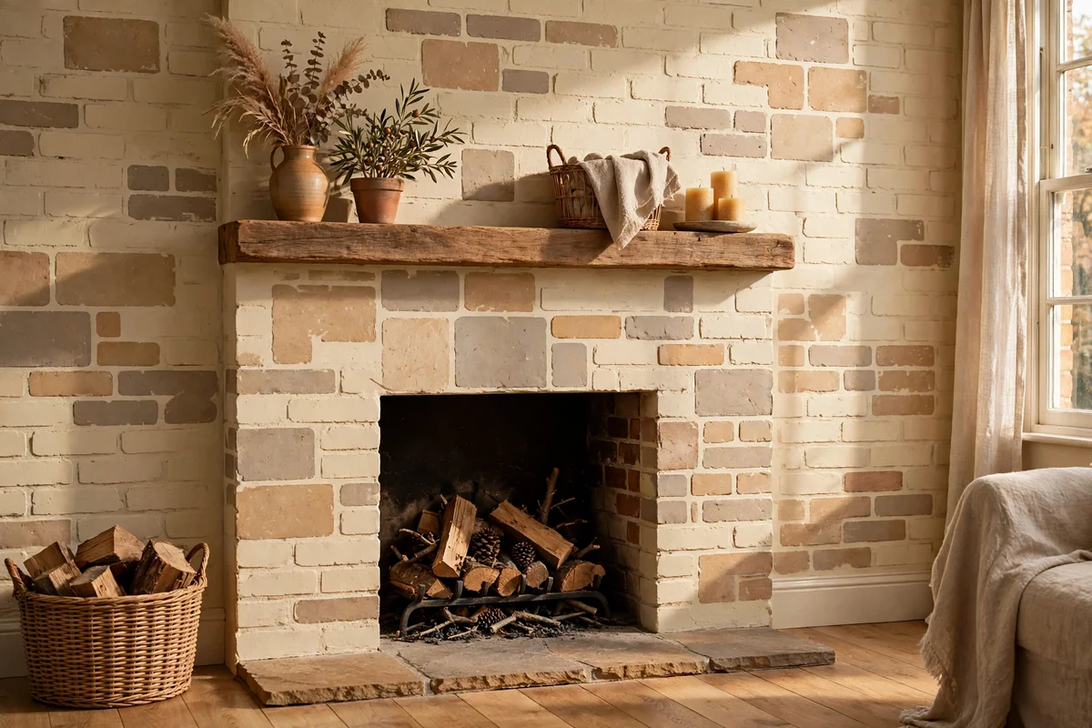 Brick fireplace painted with a stencilled stone block pattern in warm stone tones