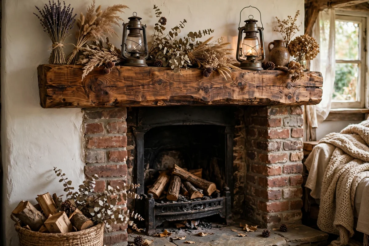 Chunky pine beam mantel with warm stain mounted above a cottage brick fireplace
