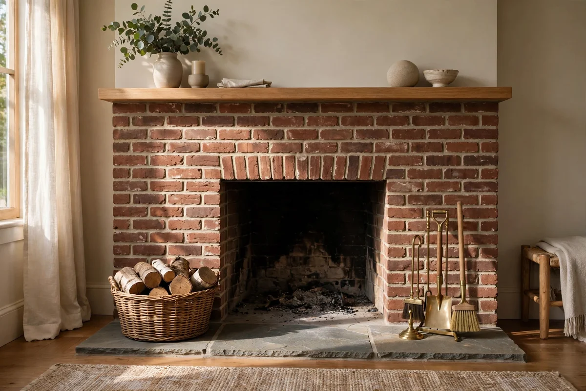 Styled hearth with log basket, brass fire tools and folded throw beside a brick fireplace