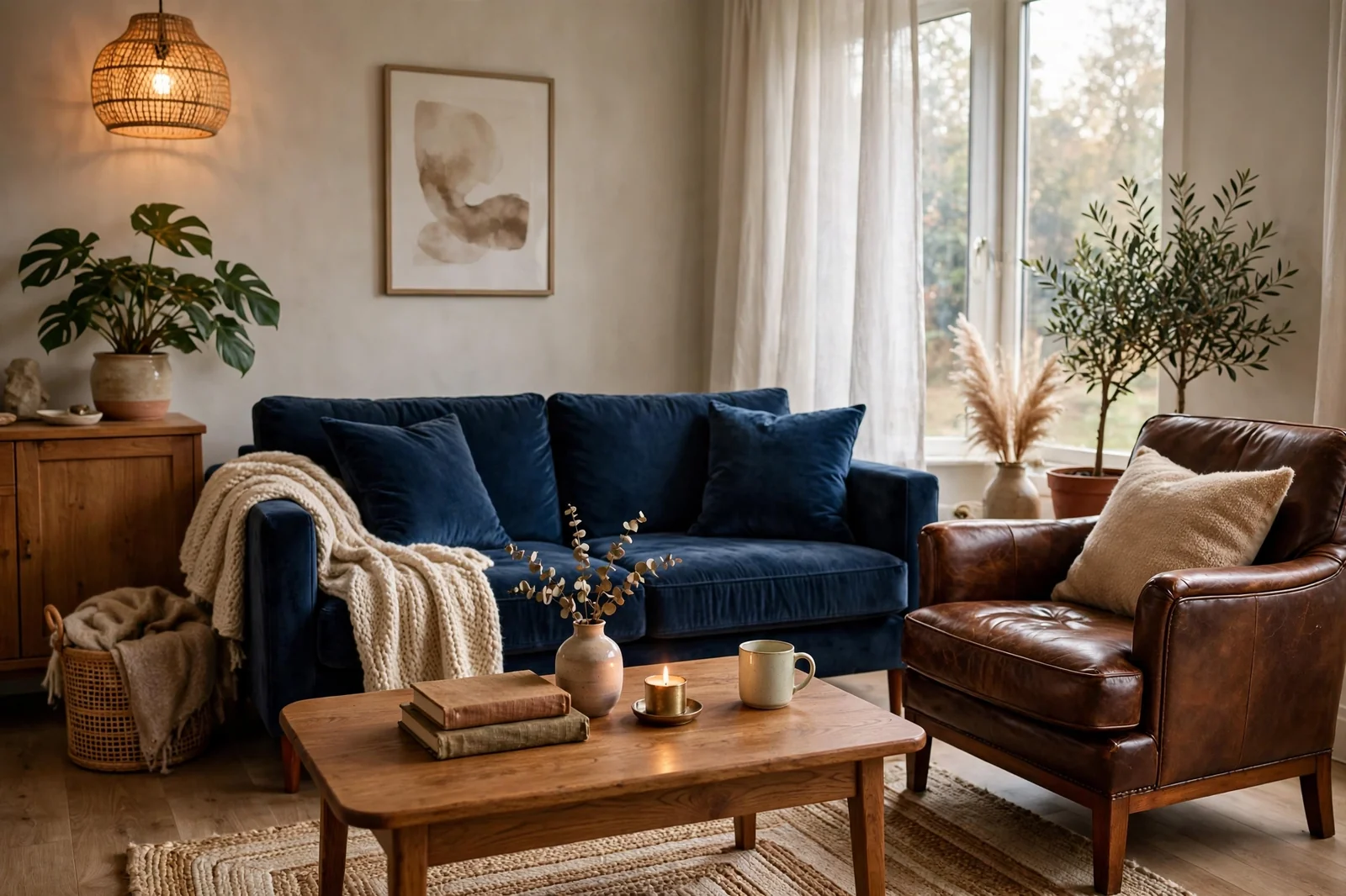 Living room with navy blue sofa, warm wood coffee table and brown leather chair