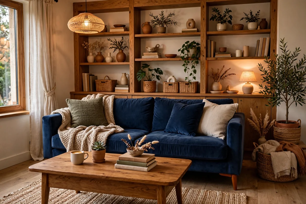 Navy sofa with warm wood furniture