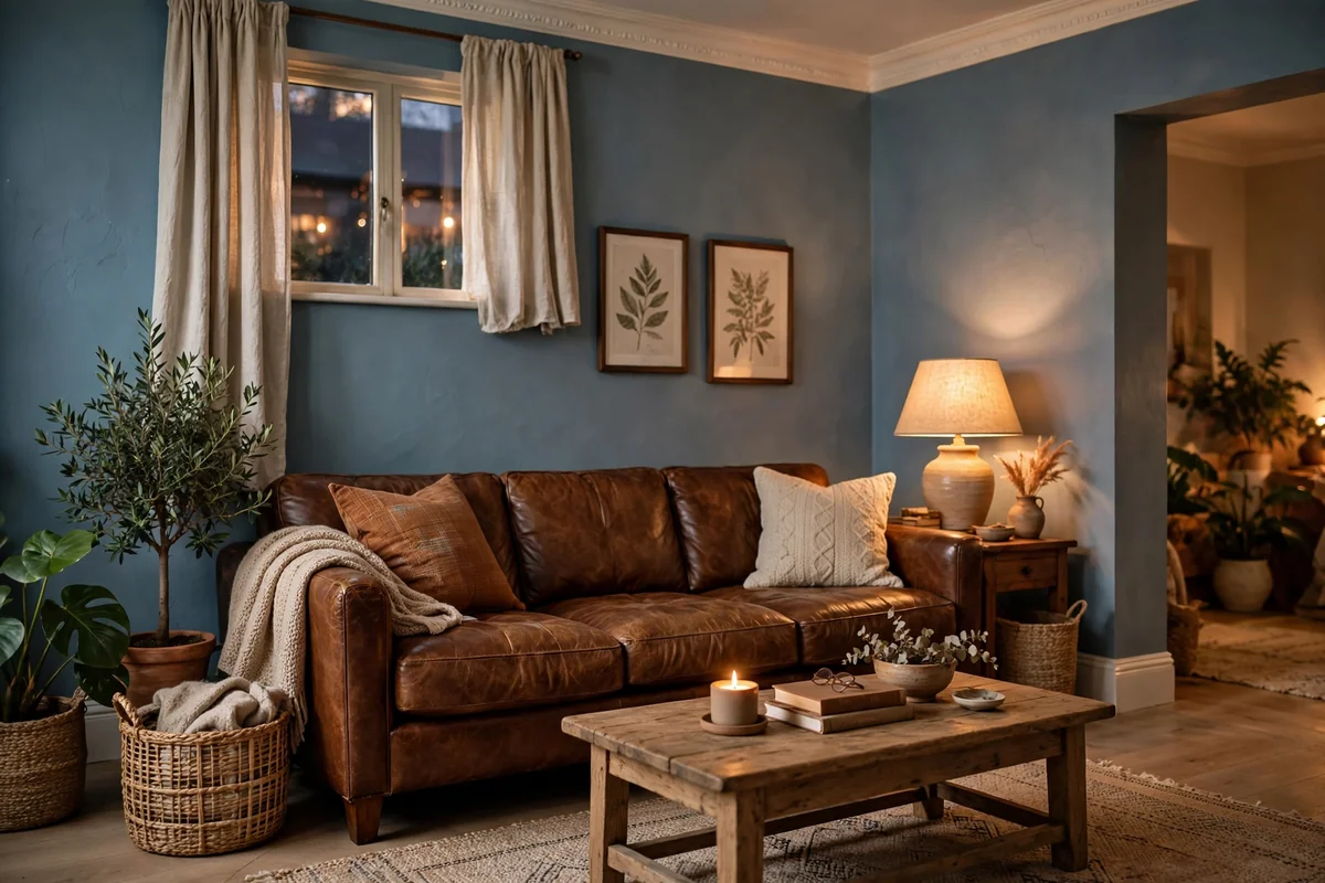 Blue walls with brown leather couch